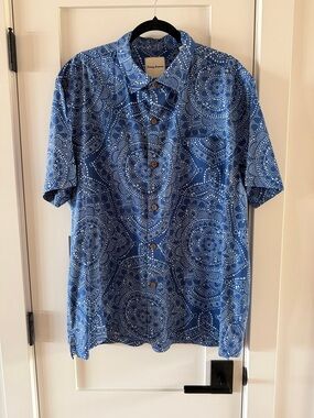 Tommy Bahama Blue Short-Sleeve Printed Button-Front Camp Silk Shirt size XL